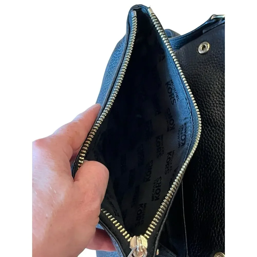 Michael Kors Black Pebbled Leather Shoulder Bag Crossbody Zip Purse Gold MK Logo